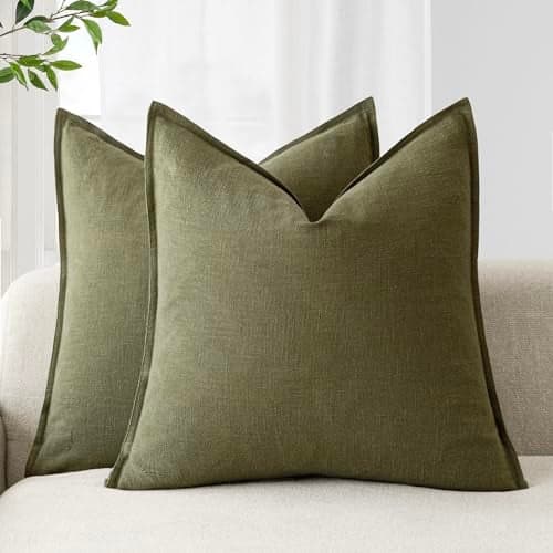 Foindtower Pack of 2 Decorative Linen Soild Throw Pillow Covers Soft Accent Cushion Case Boho Farmhouse Pillowcase for Chair Couch Sofa Bedroom Living Room Home Decor 22 x 22 Inch Olive Green