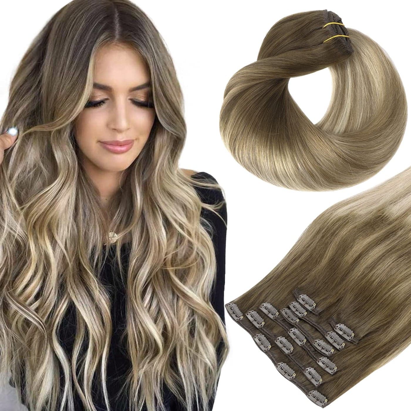 HOTBANANA Human Hair Clip in Hair Extensions Ombre Walnut Brown to Ash Brown and Bleach Blonde 120g Clip in Hair Extensions Real Human Hair Straight Remy Hair Clip Ins 20 Inch 7pcs