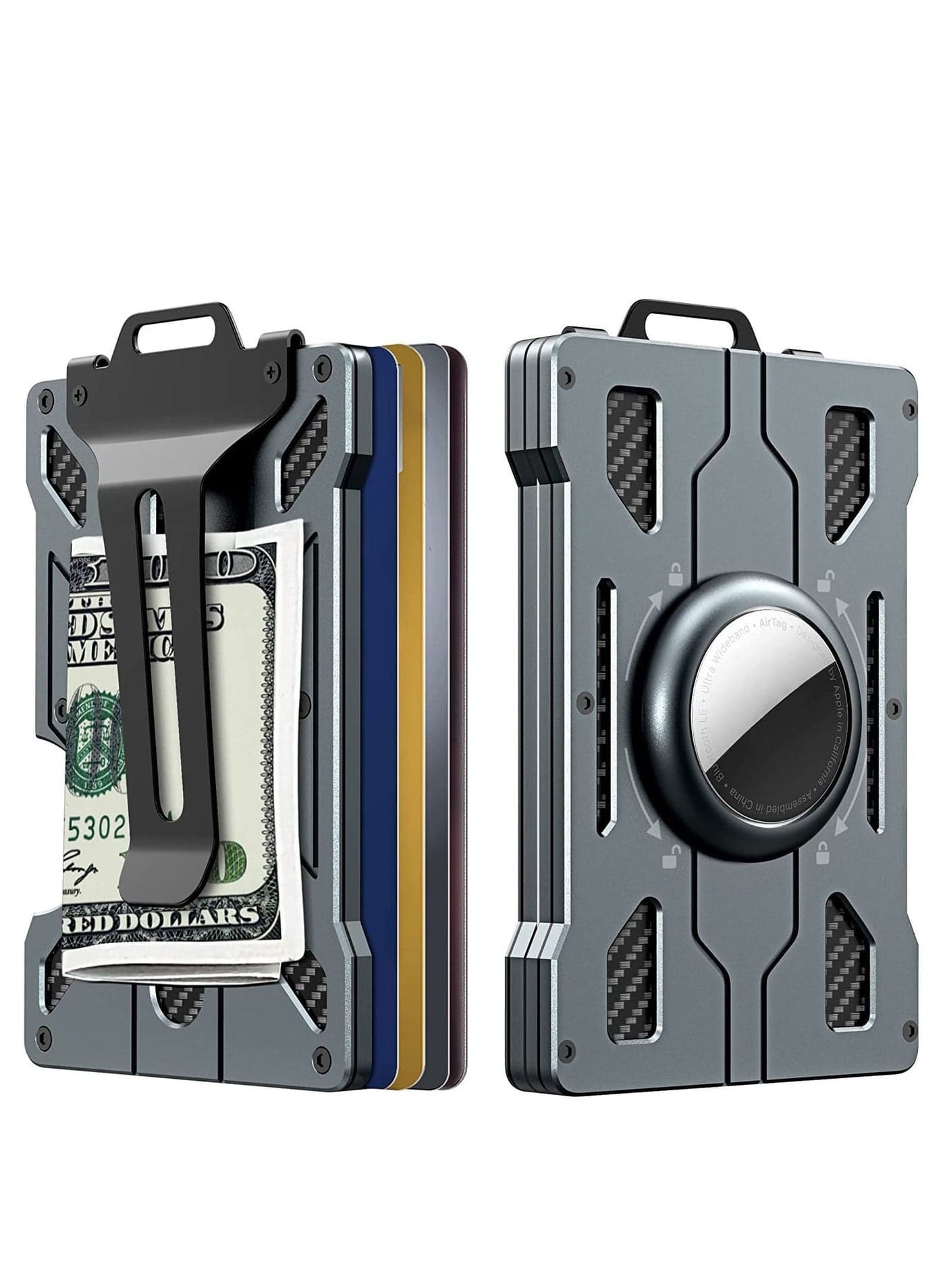 Credit Card Holder with AirTag Keyring Wallet Men's RFID Blocking Aluminum Metal Money Clip 15 Cards Capacity Cash Dad Gifts, Grey ( Airtag Not Included)