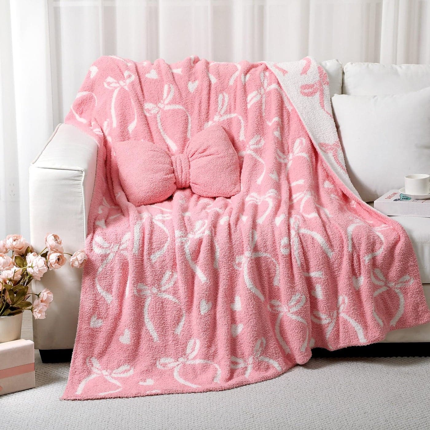 Hillsuren Pink Bow Throw Blanket and Pillow Set Include Coquette Blanket 50 x 60 Inch and Pink Bow Plush Throw Pillows Cushion for Baby Girls Women Gift Couch Sofa Bed Nursery Preppy Room Decorations
