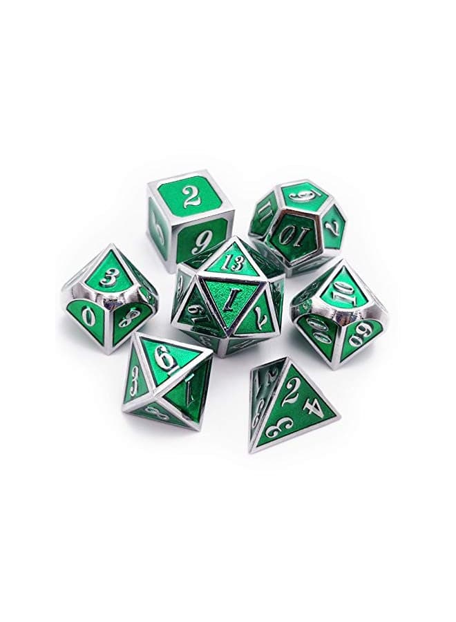 Haxtec 7 Die Metal DND Dice Set Green Elven Goblin D&D Dice Set for Dungeons and Dragons RPG Gaming-Silver Emerald Green Elvish Dice