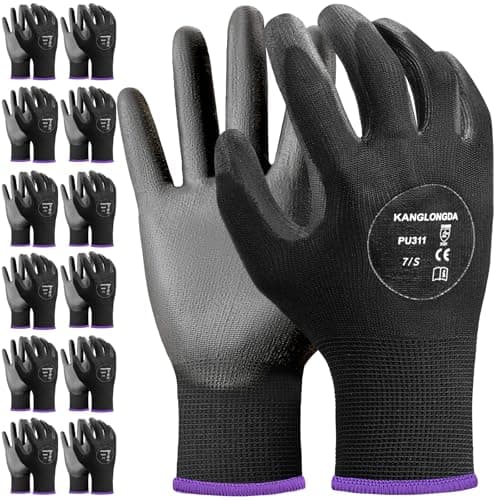 Kebada Safety Work Gloves 12 Pairs Work Gloves with Grip PU Coated Grip Gloves for Warehouse Construction Gardening and Mechanics Black Small