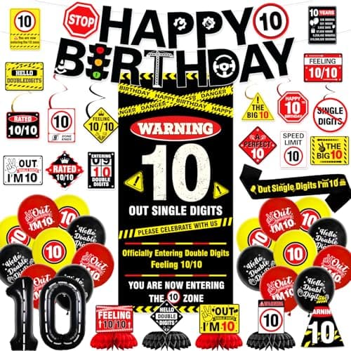 KOTLMIGHT 10th Birthday Decorations for Boys Caution Double Digits Happy 10th Birthday Party Supplies Decor with Backdrop Banner Balloons Centerpieces Hanging Swirls Wall Signs Sash Hat
