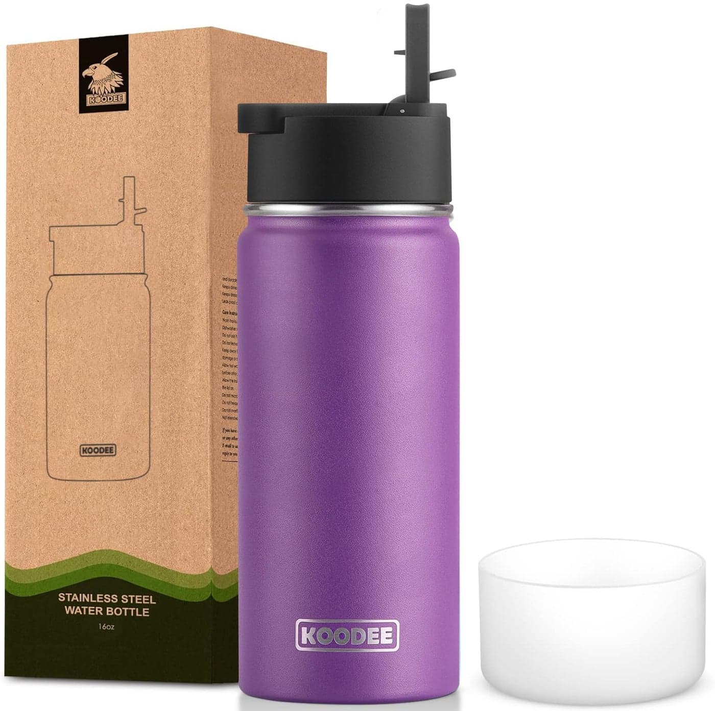 koodee Water Bottle 16 oz Stainless Steel Double Wall Vacuum Insulated Water Bottle for Kids School Wide Mouth Sports Metal Water Flask for GirlsPurple