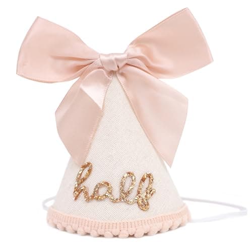 Jissoo Half Birthday Hat With Bow - Sweet 1/2 Birthday Party Decorations,Glitter Number Cone Hat Photo Props,Little Princess Pink Bow Party Hat,6 Months Cake Smash (Half)