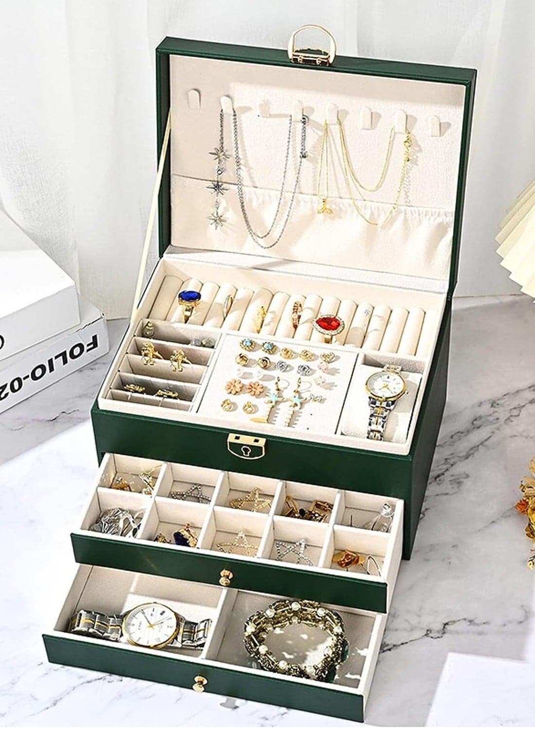 Jewelry Box Organizer for Women, 3 Layer Jewelry Storage Box Case with Lock, Travel Jewelry Box for Girl's Necklaces Earrings Bracelets Rings Watches, 2Drawers (Dark Green)