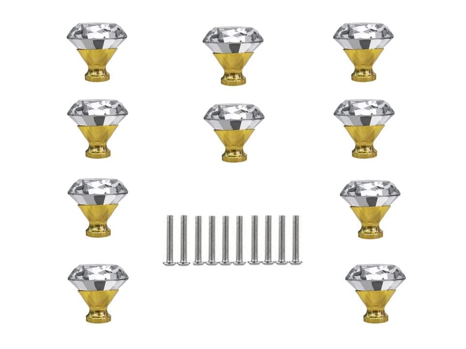 JP Hardware Clear Glass Crystal Shape Cabinet knobs Pack of 10 Polished Finish Round Chrome 30mm Diamond Gold 30mm