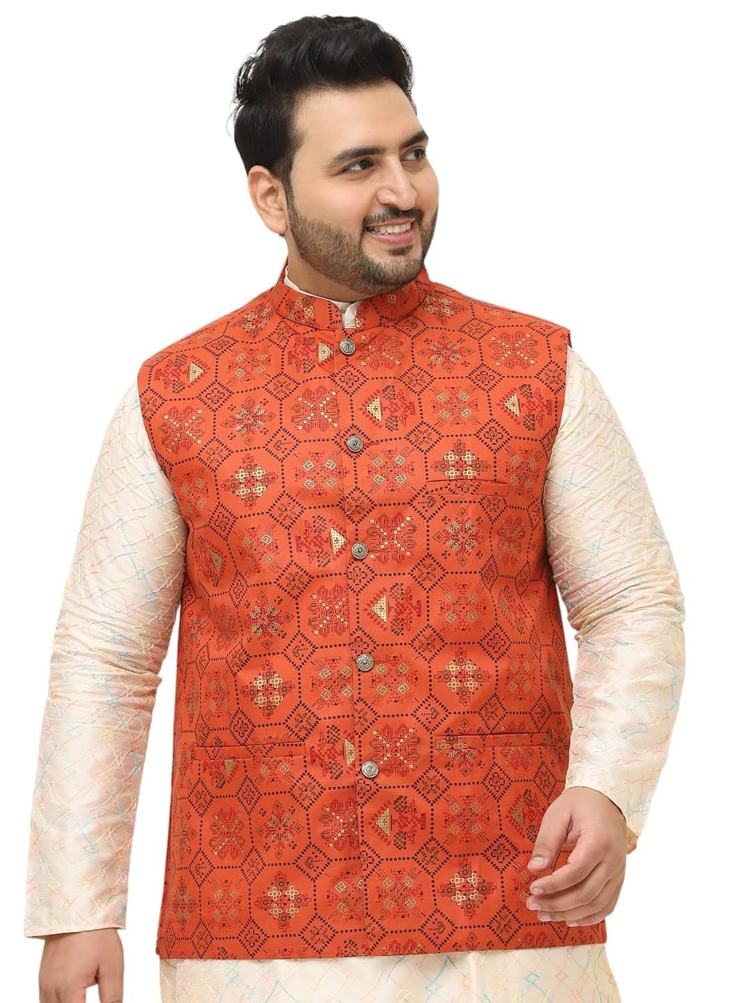 SOJANYA Plus (Since 1958) Men's Cotton Linen Orange & Multi Printed ONLY Nehru Jacket