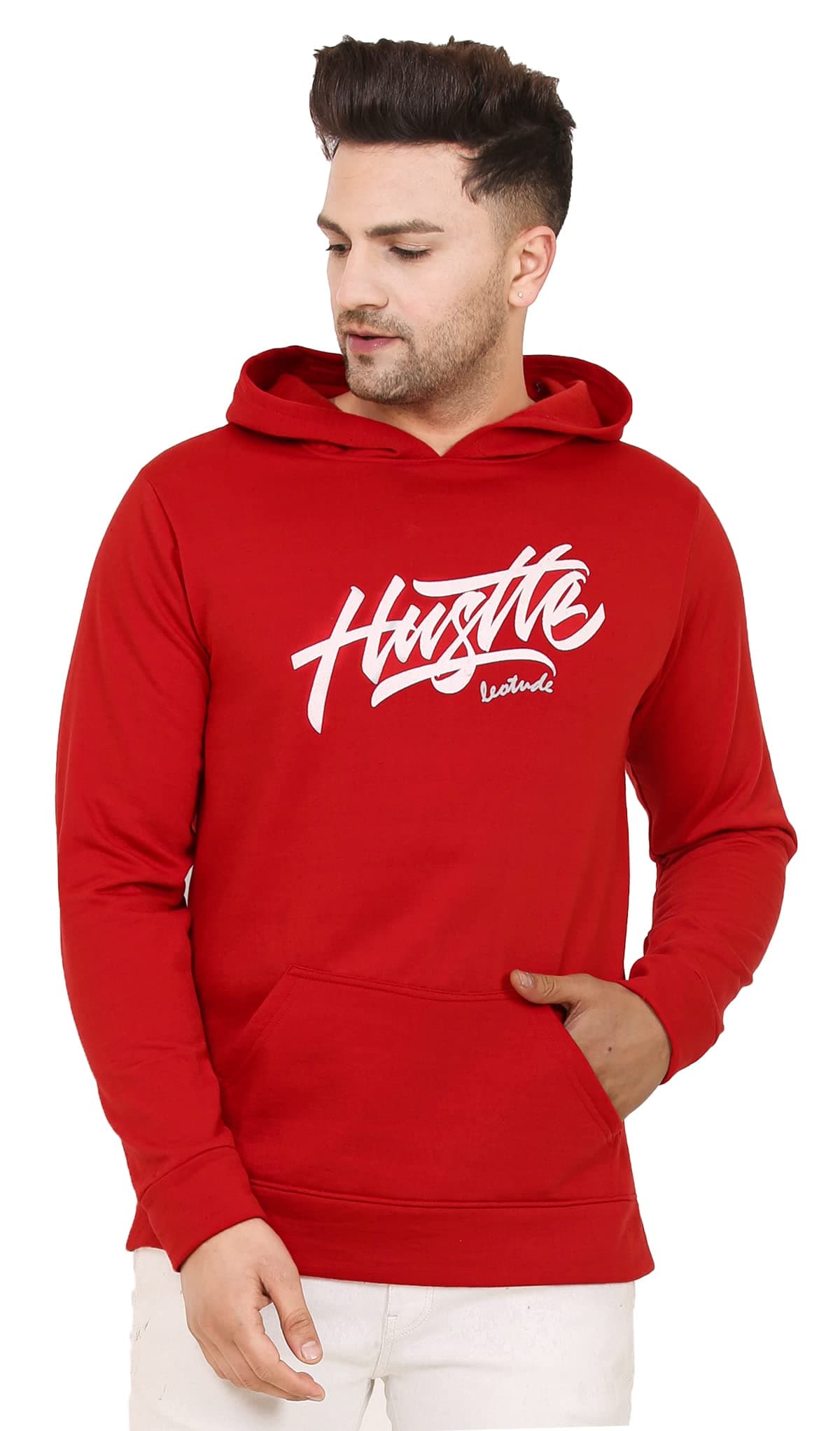 LEOTUDE Men's Regular Fit Loopknit Hooded Neck Sweatshirt (W88_AMERICAN88_P_Red_Large)