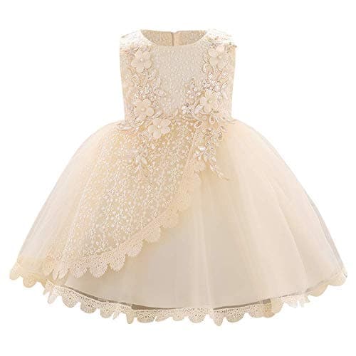 Vestidos para niñas Baby Girl Flower Girl Dress Summer Sleeveless Lace Floral Embroidered Beaded Ruffle Tulle Tutu Gown Wedding Birthday Baby Shower Outfit Champagne 9-12 Months