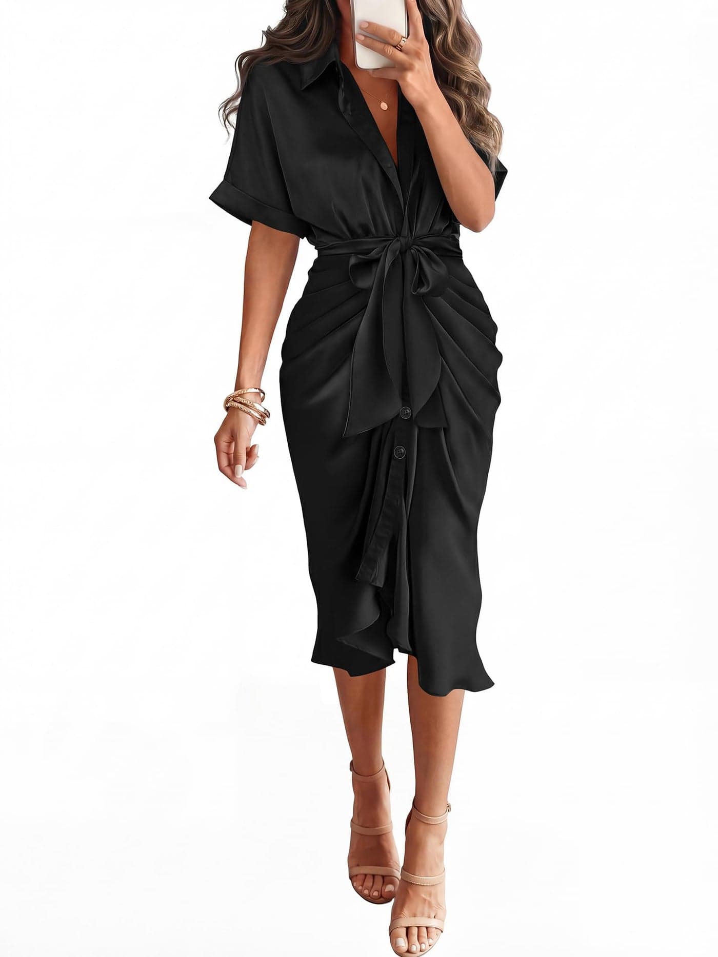 BTFBM Dresses for Women Summer Button Short Sleeve Silk Satin Ruched Spring Maxi Dress 2026 Cocktail Party Wedding(Black, Small)