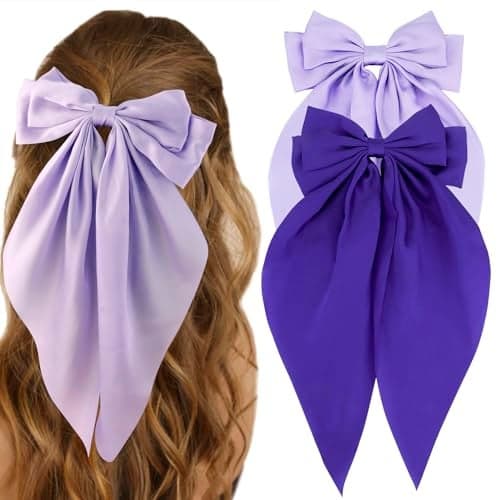 Purple Hair Bows Atoden 2Pcs Silky Satin Big Hair Bows for Women Large Hair Ribbons Oversized Long Tail Bow Hair Clips Barrettes Bowknot Aesthetic Girls Hair Accessories Gifts