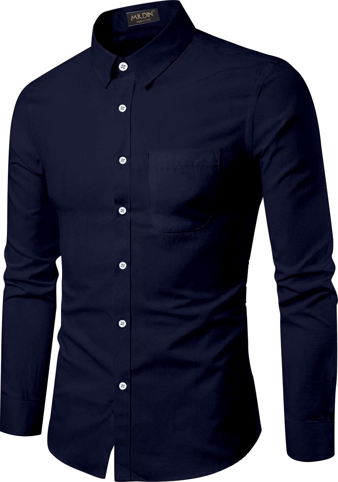 MILDIN Men's Cotton Blend Solid Shirt with Spread Collared Full Sleeve Curved Hemline Button Closure Slim Fit and One Pocket | Shirt for Man Full Sleeve | Dark Blue FORMAL-36