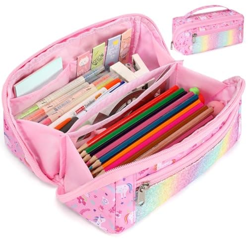 BrainyBees Pencil Case for Girls - Large Capacity Pencil Pouch for Kids Wide Opening Pencil Bag with 8 Compartments Special Cute Pen Case for School (Glitter Pink Unicorn)