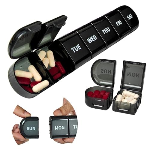 Weekly Pill Organizer Box, Pill Box 7 Day,7 Detachable Portable Daily Pill Case Medicine Organizer with Large Compartment, Travel Pill Container for Supplements. (Black-7 Compartment)