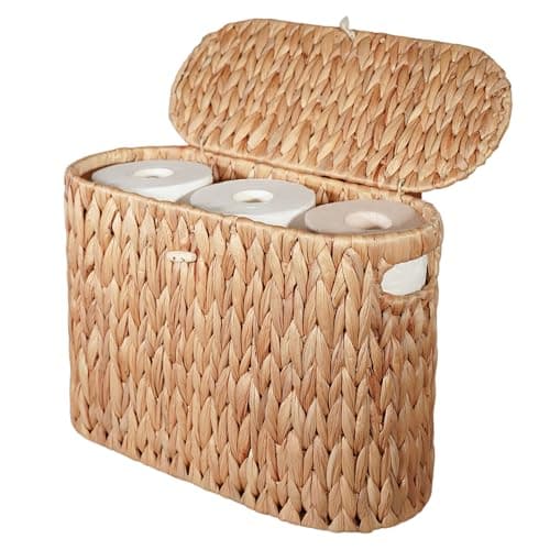 PINXIURY Water Hyacinth Toilet Paper Storage Basket, Bathroom Toilet Organizer with Lid, Woven Toilet Paper Holder for 6 Mega Rolls Bathroom Storage, Magazine Holder for Office, Bedroom