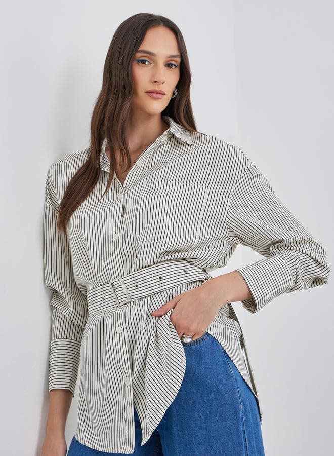 Cream Striped Shirt with Belt — XL