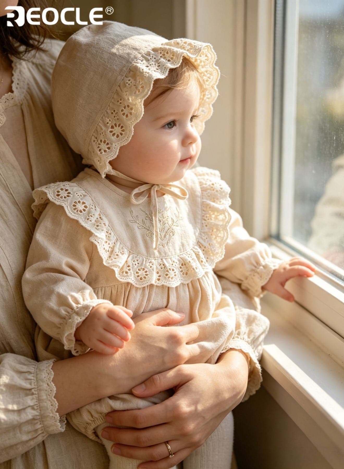 Baby's Lace Bodysuit with Matching Bonnet and Delicate Detail Infant formal Set with Soft Fabric for Newborn Autumn Celebration