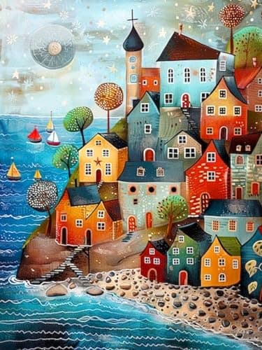 ijbnhd Diamond Art Kits for Adults House Diamond Painting Kits for Adults 5D Diamond Painting Dream House DIY Full Drill Diamond Painting Beach Gem Art Crafts 12x16inch