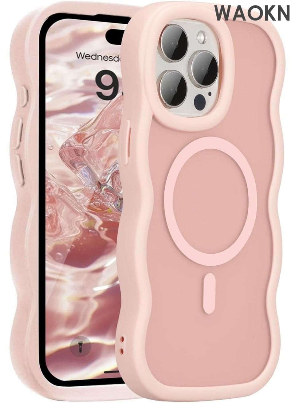 Magnetic for iPhone 16 Pro Max Case, Cute Cover Compatible with MagSafe, 2025 Transparent Transparent Clear Wave Design Wavy Frame Matte Phone Case- Pink
