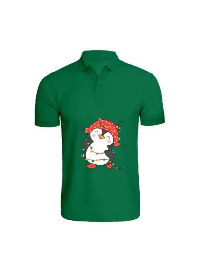 Holiday Themed Printed (Green) Cotton T-shirt (Penguin Entangled in String Lights) Unisex Personalized Polo Neck T-shirt (Medium)-Set of 1 pc-220 GSM