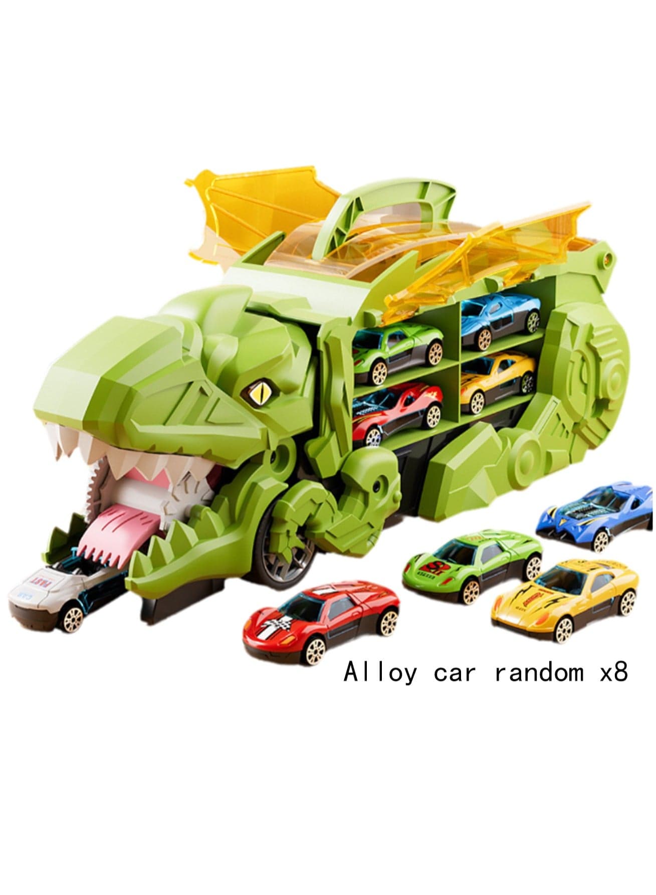 Green Dinosaur Track Car + 8 Alloy Cars, Tyrannosaurus Rex Transport Truck Transporter Gift Toy, Dinosaur Toys For Children Aged 3-5