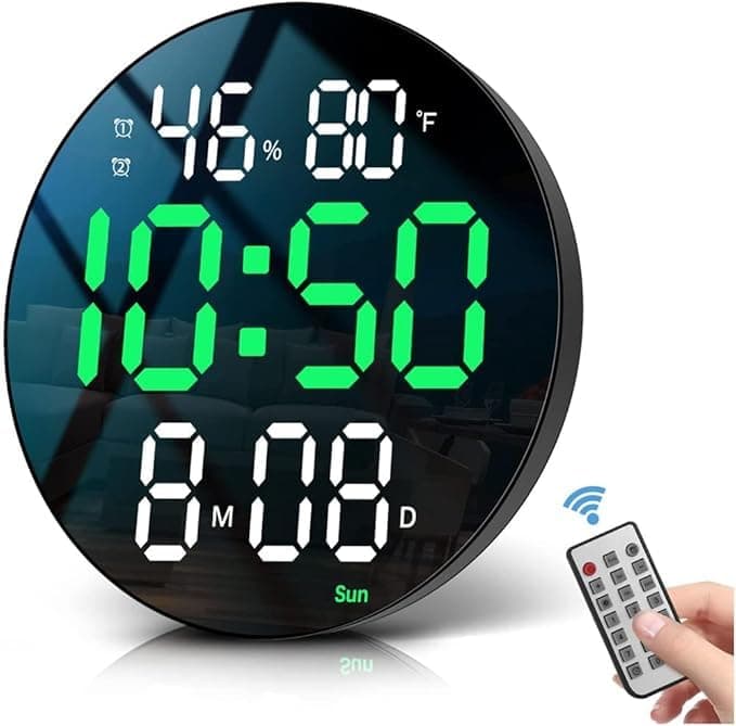 LED Round Digital Wall Clock Wall Mounted Digital Clock USB Powered Control Automatic Brightness Temperature Humidity Date Week Timer for Living Room Kitchen Shopping Mall Black