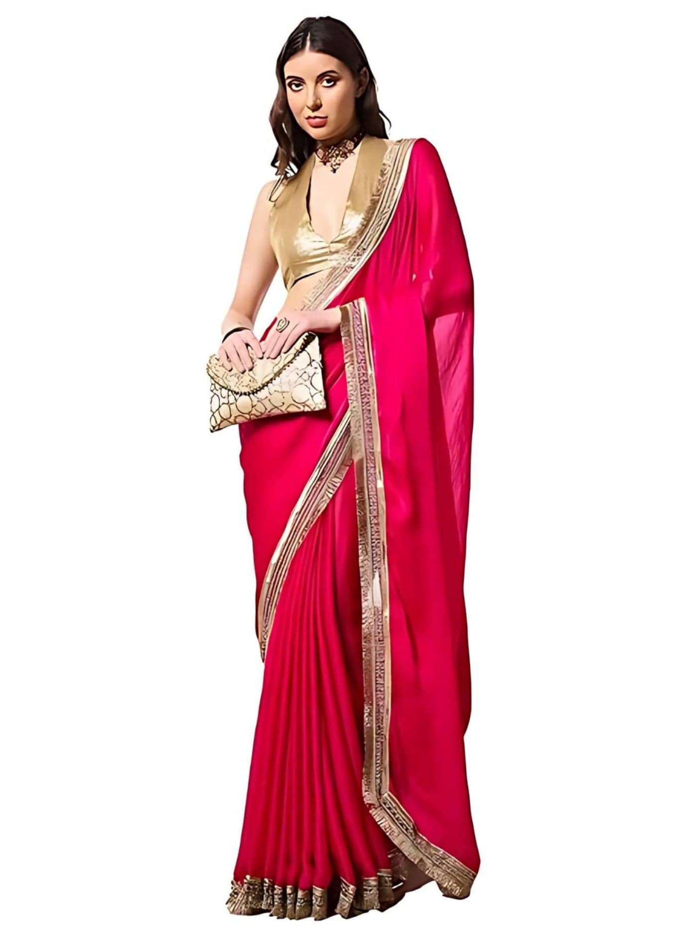 ORHANS Women's Chiffon Solid Embroidered Sequence Border Saree With Art Silk Unstitched Blouse Piece – Ready To Wear (Pink) – Elegant Designer Saree For Weddings, Parties, And Festive Occasions