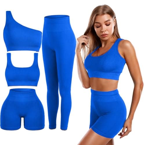 Floraltop 4 Pcs Women's Workout Sets Pilates Exercise Outfit Ribbed Scoop Neck Sports Bra Shorts Leggings Gym Clothes Set (Blue,Medium)