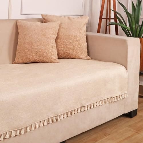 STITCHNEST Jute Sofa Cover – Beige, 48x30 Inch | Soft Textured Fabric with Tassel| Sofa for Living Room Décor