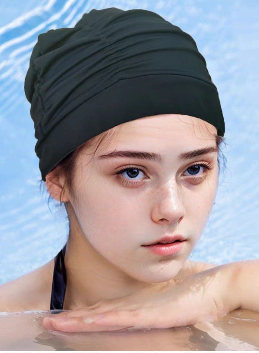 Nylon Swimming Cap Pool Beach Hat Pleated Swim Cap for Long Hair Women, Black