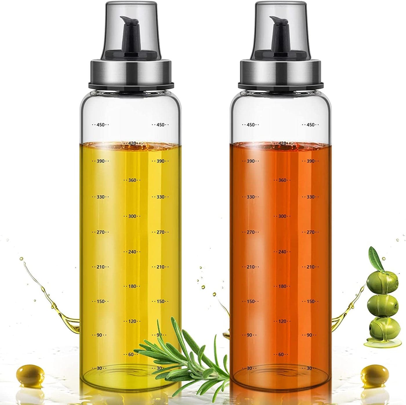 Baskety Glass Oil Dispenser Leakproof Oiler Tank Household Stainless Steel Condiment Dispenser Seasoning Bottle 500ml (Set of 2) B