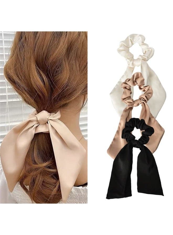 Chiffon Scrunchies with Knotted Ribbon Tails - Ponytail Holders for Women and Girls, 3 Pcs