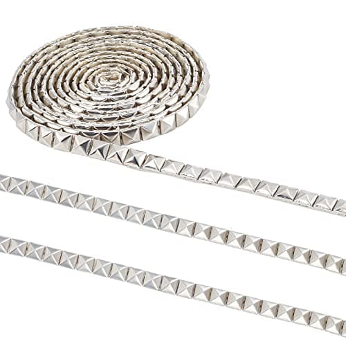 CHGCRAFT 25 Yards Hot Fix Pyramid Nailhead Trim 304 Stainless Steel Silver Ironon Convex Pyramid Nailhead Trim with PU Leather Base for Decoration