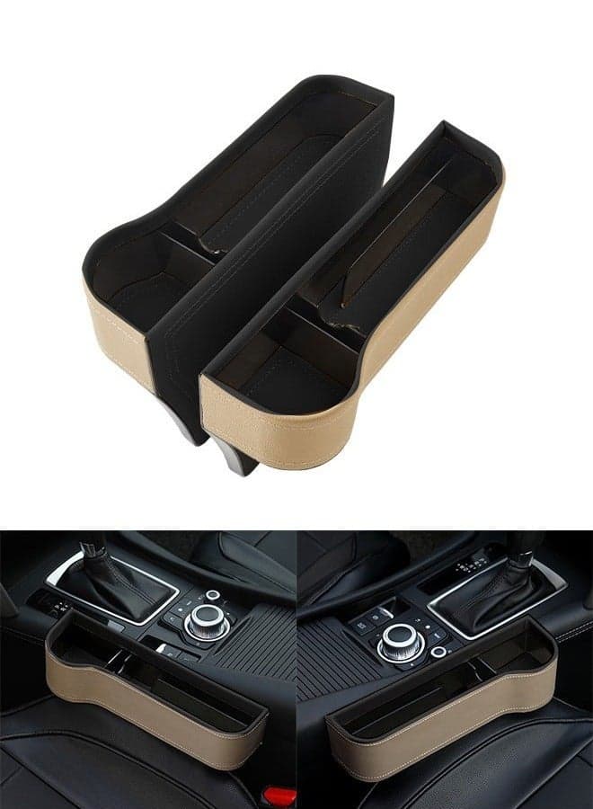 2 Pcs Car Seat Gap Storage Box with Cup Holder, Multifunctional Car Seat Gap Filler Organizer, PU Leather Car Console Side Pockets Box, Can Storage Keys, Mobile Phones, Headphones, Watches and Bank Cards-Beige