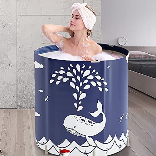 BDL Portable Bathtub, Foldable Adult Japanese Soaking Bath Tub, BDL Freestanding Ice and Hot tubs with Thermal Foam, Folding Spa Bath Tub for Small Spaces Free Pillow and Storage Bag Whale Blue