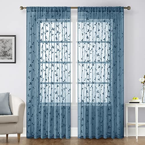 HOMEIDEAS Cyan Blue Sheer Curtains 52 X 84 Inches Length 2 Panels Embroidered Vine Floral Pattern Pocket Faux Linen Semi Sheer Voile Window Drapes for Bedroom Living Room