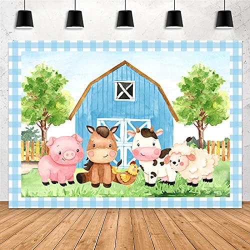 Aperturee 7x5ft Cartoon Farm Animals Photography Backdrop Blue Barn Barnyard Baby Shower Happy Birthday Photography Background Newborn Party Decoration Banner Photo Booth Cake Table Supplies