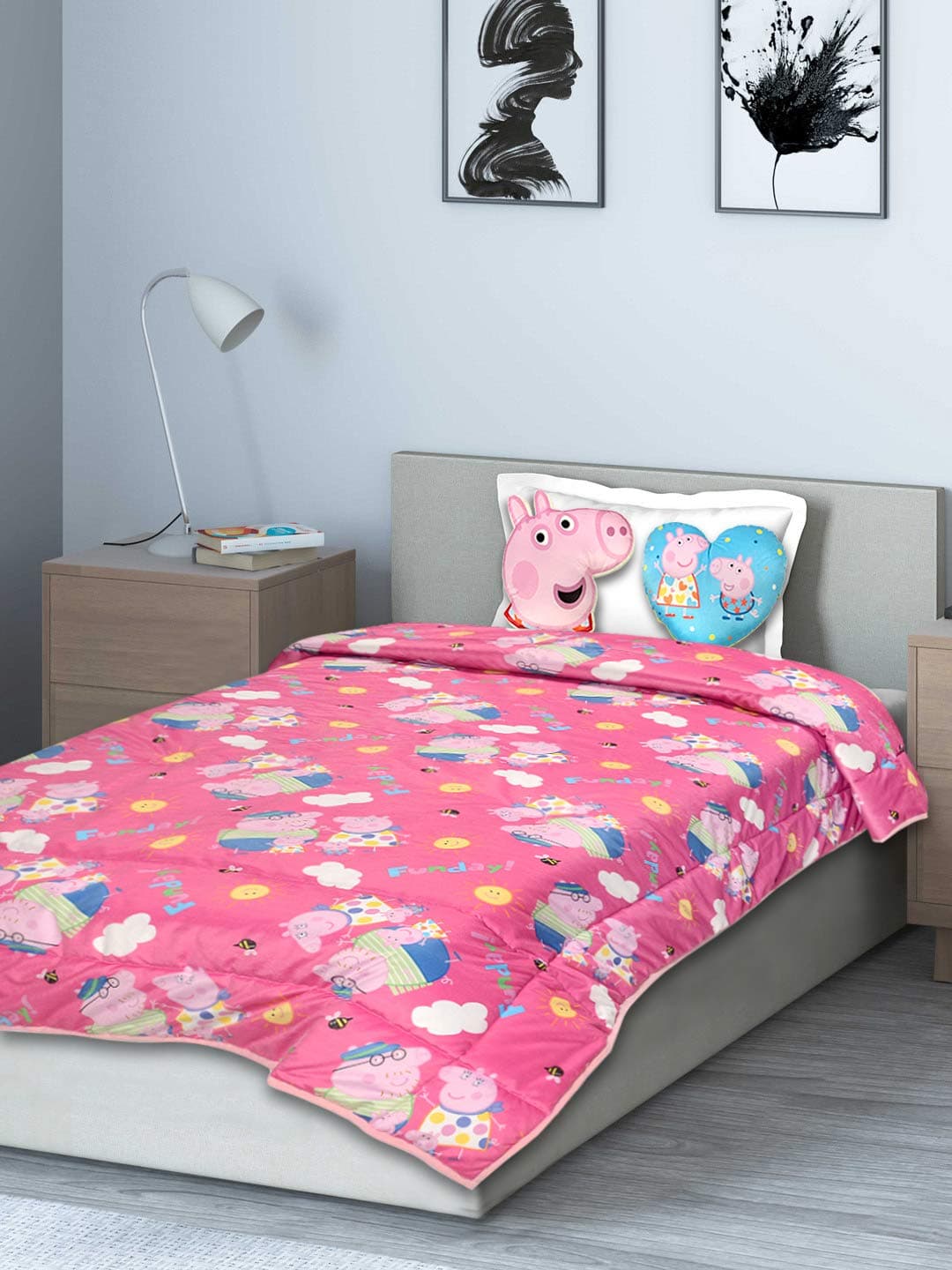 Saral Home Peppa Pig Velvet & Cotton AC Quilt with 2 Cushions (Pink, 135X210 CM)