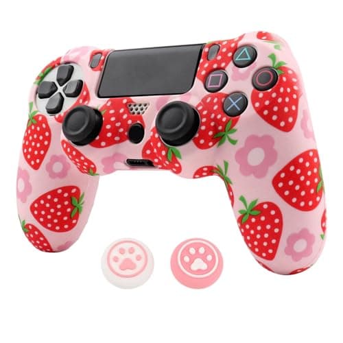 RALAN Pink Controller Skins for PS4Fruit Silicone Controller Cover Skin Protector Compatible PS4 SlimPS4 Pro Controller with 2 Cute Thumb Grips Caps