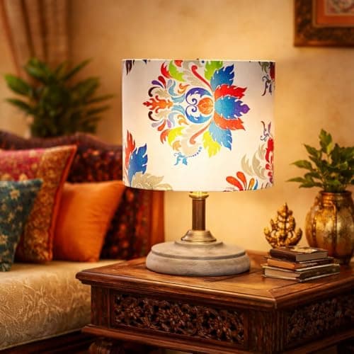 tu casa Wooden Table Lamp for Bedroom & Living Room | Circular Wooden Base with English Oak Printed Fabric Shade | Decorative Bedside Night Lamp for Home Décor & Gifting