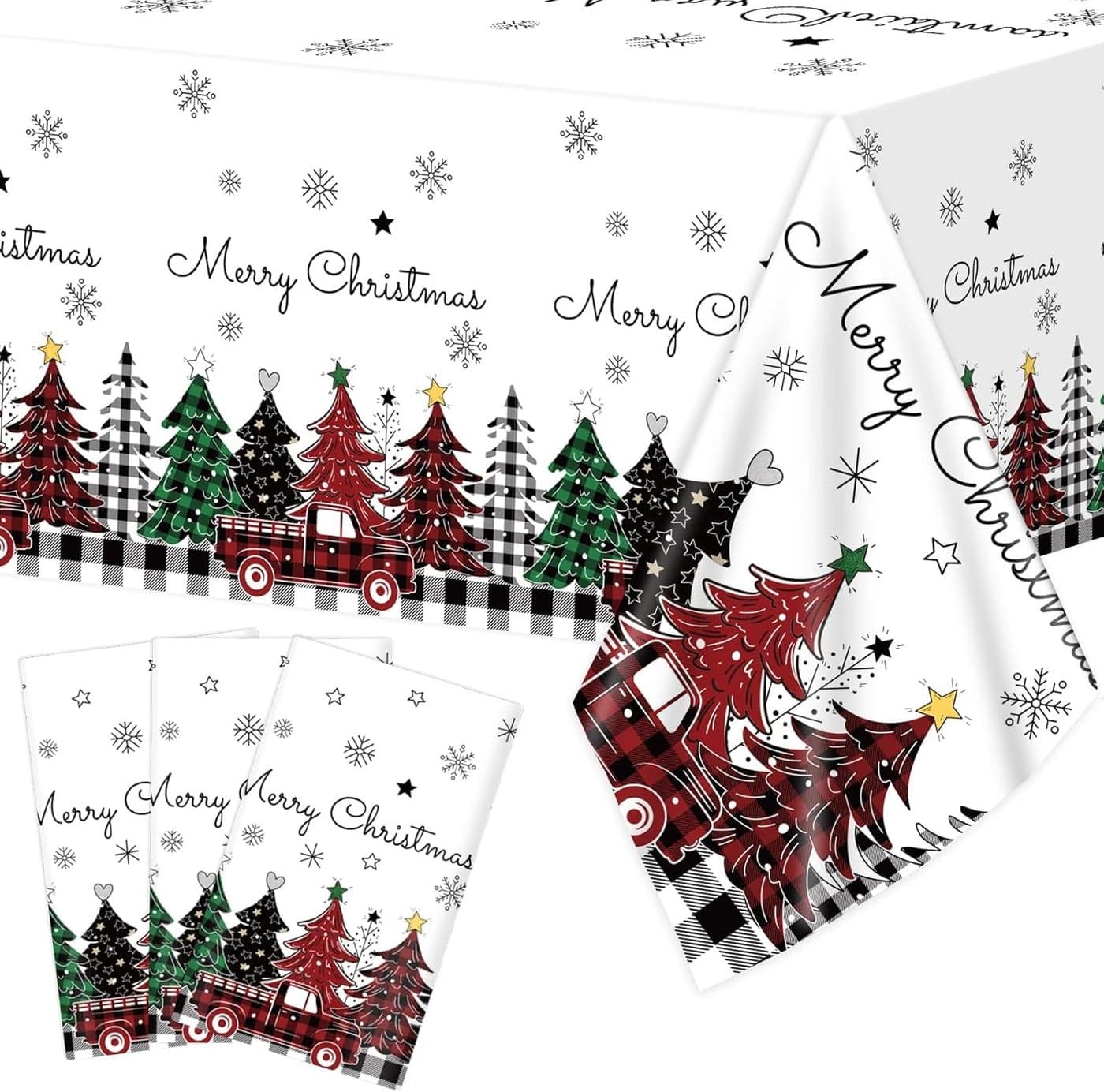 3Pcs Christmas Disposable Tablecloths Christmas Plastic Table cloth Christmas Tree Buffalo Plaid Snowflake Truck Waterproof Table Cover for Winter Holiday Xmas Birthday Party Supplies Decor 108 x 54In
