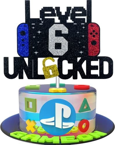 6th Birthday Video Game Cake Topper Level 6 Unlocked Cake Topper for Kids Boy Girl 6YearsOld Birthday Party Decoration