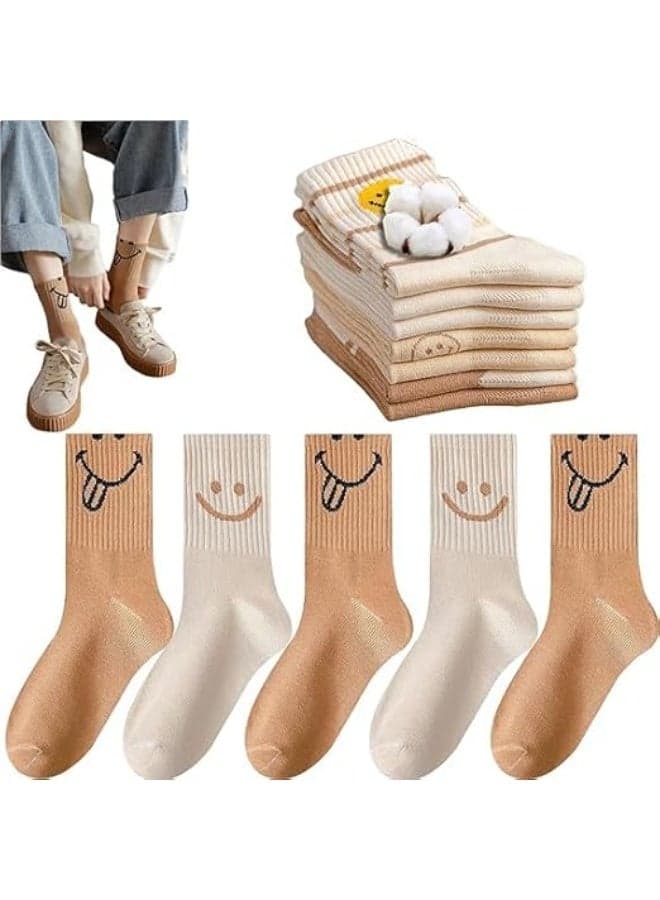 5 Pairs Cute Women Fun Smile Face Ankle Sock,Lovely Smile Face Cotton Socks,Knitted White Novelty Comfy Cotton Girl Dress Funny Crew Sock