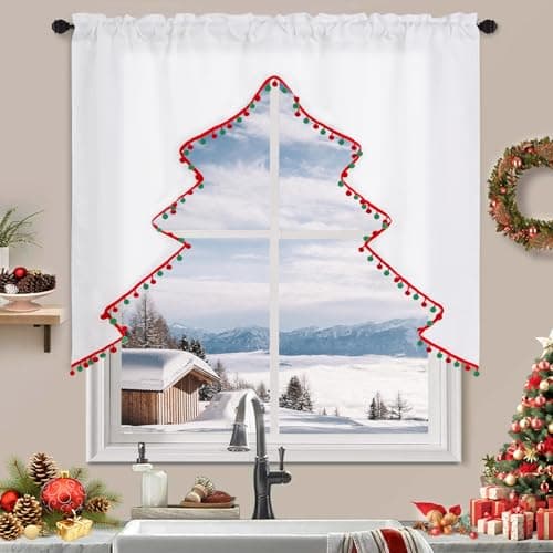 FRAMICS Christmas Tree Valance with Red and Green Pompom Boho Christmas Swag Valance with Tassel White Christmas Valance for Windows Rod Pocket Swag Valance for Kitchen 52 W x 36 L 1 Panel