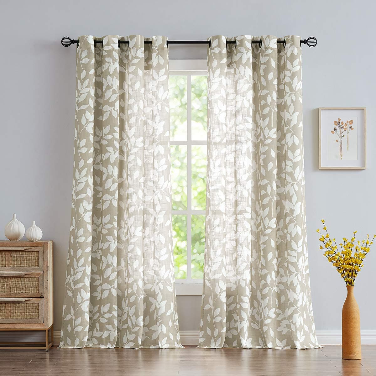 Treatmentex Print Semi Sheer Curtains for Living Room 95inch Long White Leaf Curtains for Windows 52 Width x 2 Panels Taupe Grommet Top