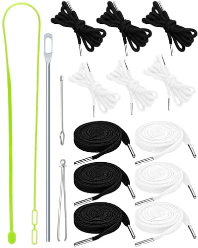 FIVEIZERO 16pcs Drawstring Cord Kit12pcs Hoodie Strings Flat RoundBlack White with Drawstring Threader ToolsBodkinRope ThreaderDraw String Replacement for PantsShortsShoesSweatpantsBag