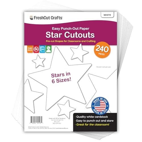 240 Pieces Star Cutouts, 2-Sided US Made Card Stock Punch Out White Stars for Bulletin Boards, Classroom Decor, Back to School DIY Craft Projects, Party Decoration, Hollywood Themed Events
