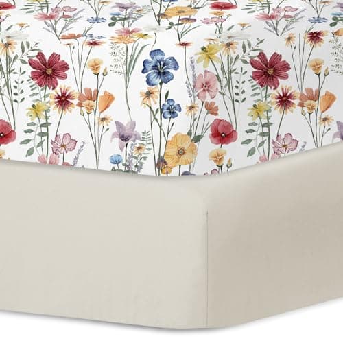 Little Grape Land Crib Sheets for Girls and Boys, 2pk Baby Crib Fitted Sheet for Standard Size Crib and Toddler Mattress, Super Soft Baby Sheet (Spring Flower & Beige)