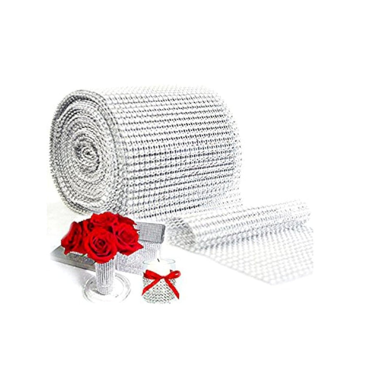 Super Z Outlet Sparkling Rhinestone Mesh Ribbon for Event Decorations Wedding Cake Birthdays Baby Shower Arts Crafts 475 x 10 Yards 24 Row 1 Roll Silver